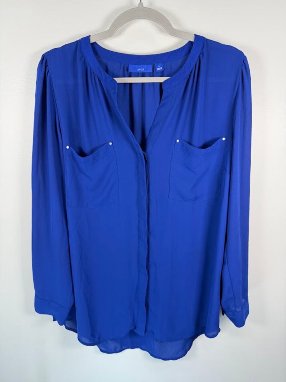 Apt. 9 Womens Long Sleeve Button Up Blouse L Cobalt Blue Pockets Split Neck